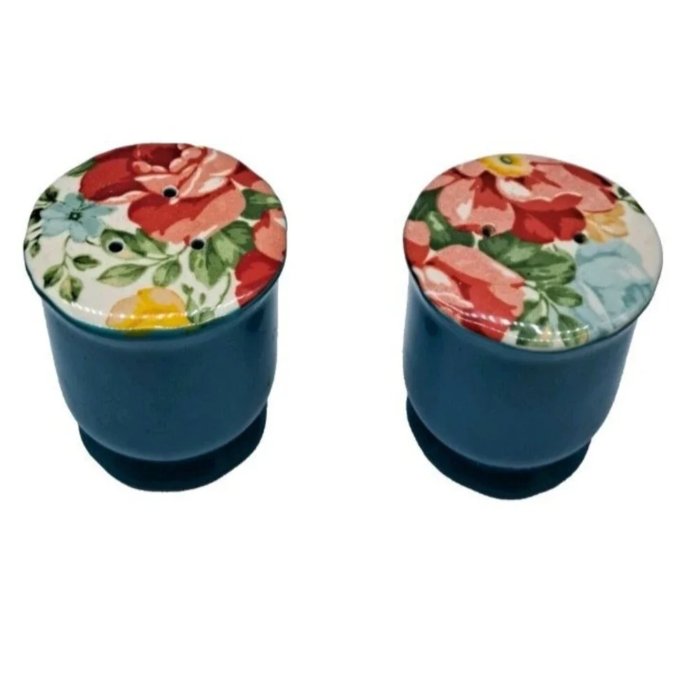 The Pioneer Woman Flea Market Floral Salt & Pepper Shaker Set Blue Teal Ceramic